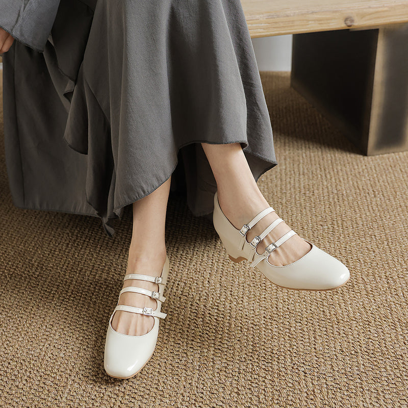 Women's Handmade French Vintage Triple-Strap Mary Janes - Elegant Wedge Heels Shoes