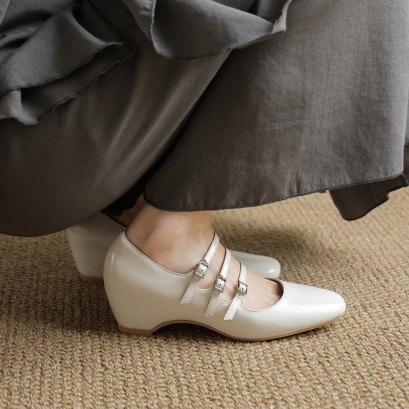 Women's Handmade French Vintage Triple-Strap Mary Janes - Elegant Wedge Heels Shoes