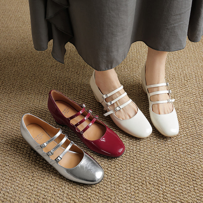 Women's Handmade French Vintage Triple-Strap Mary Janes - Elegant Wedge Heels Shoes