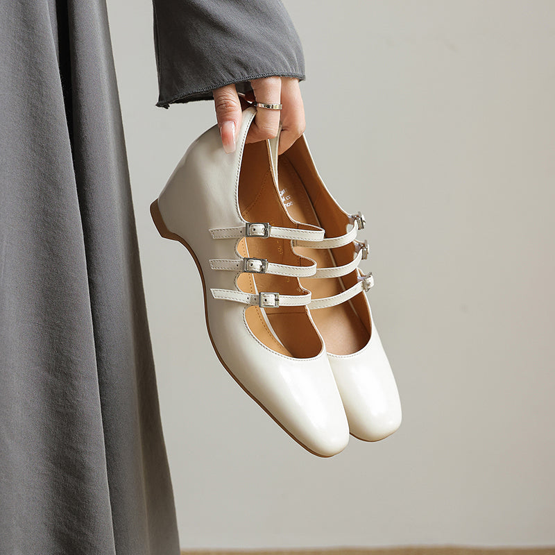 Women's Handmade French Vintage Triple-Strap Mary Janes - Elegant Wedge Heels Shoes