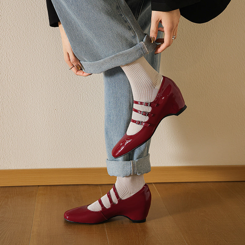 Women's Handmade French Vintage Triple-Strap Mary Janes - Elegant Wedge Heels Shoes
