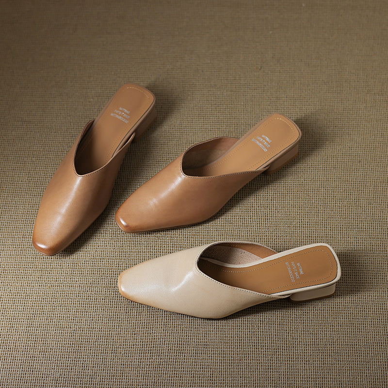 Women's Handmade Leather V-cut Flat Comfort Mule Shoes