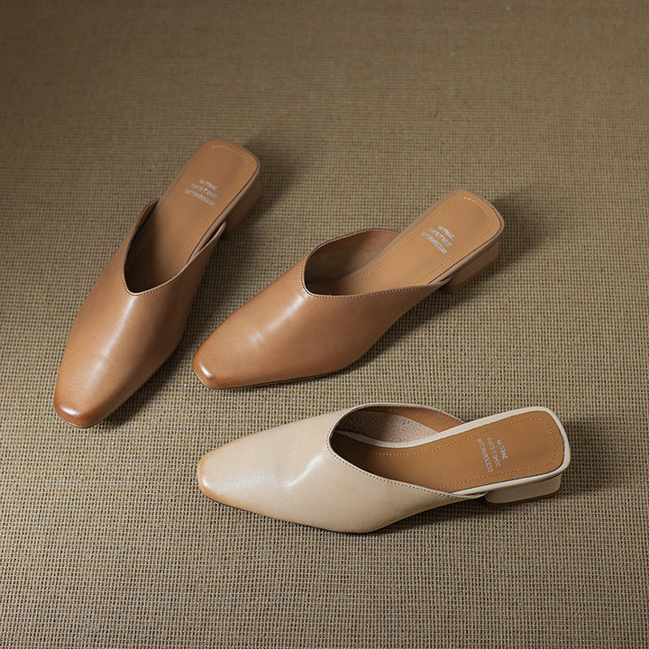 Women's Handmade Leather V-cut Flat Comfort Mule Shoes