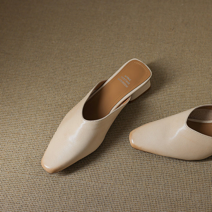 Women's Handmade Leather V-cut Flat Comfort Mule Shoes