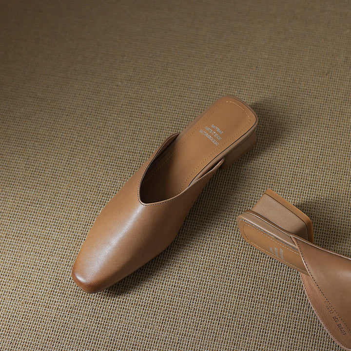 Women's Handmade Leather V-cut Flat Comfort Mule Shoes