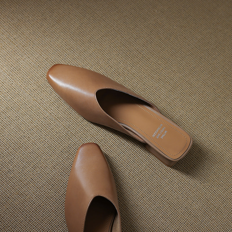 Women's Handmade Leather V-cut Flat Comfort Mule Shoes