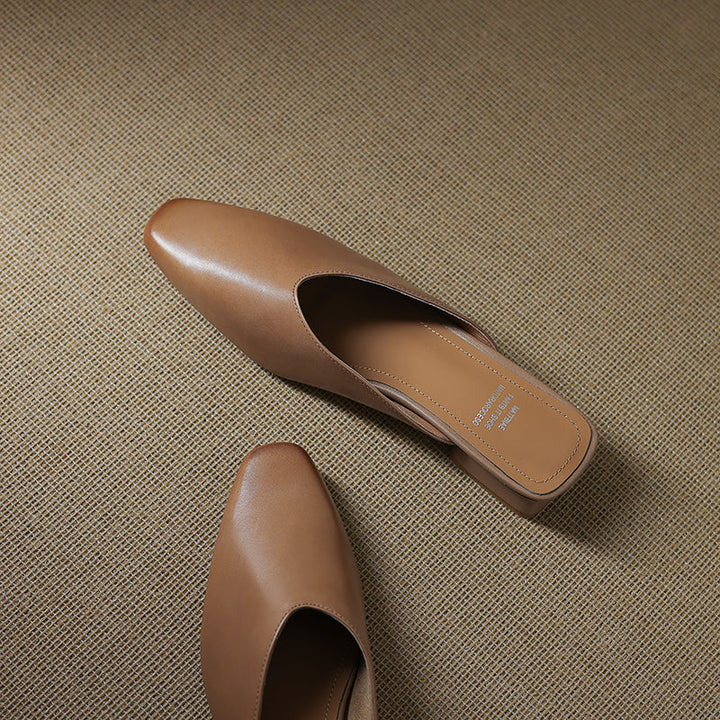 Women's Handmade Leather V-cut Flat Comfort Mule Shoes