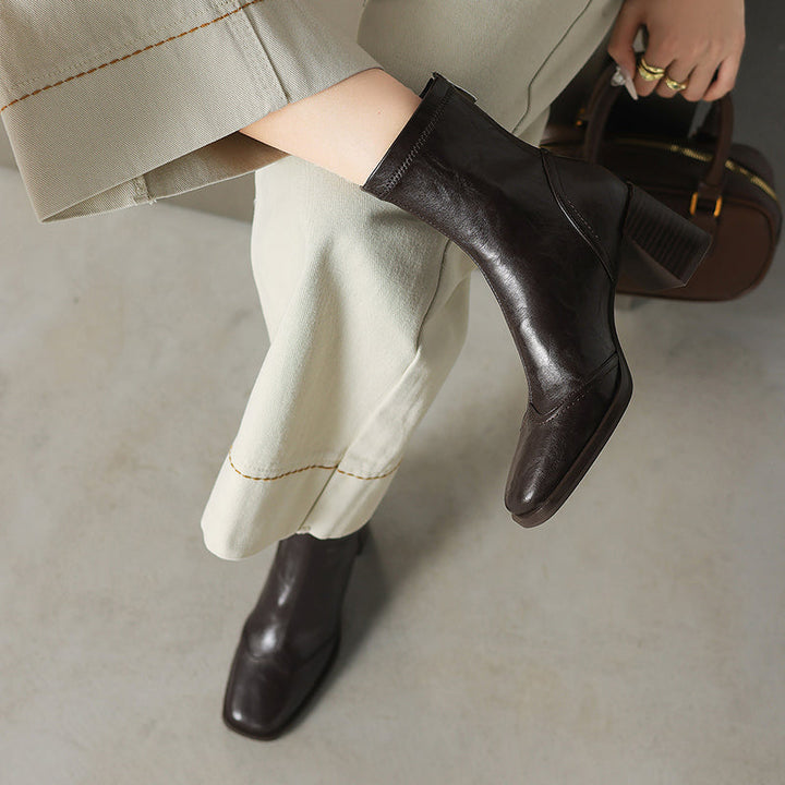 Women’s Square Toe Block Heel Ankle Boots – Stylish Back Zip Design