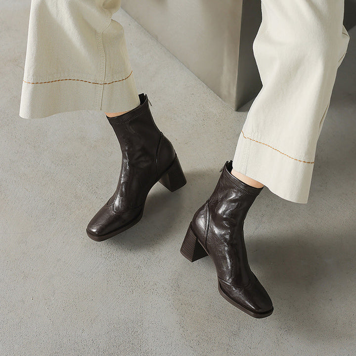 Women’s Square Toe Block Heel Ankle Boots – Stylish Back Zip Design