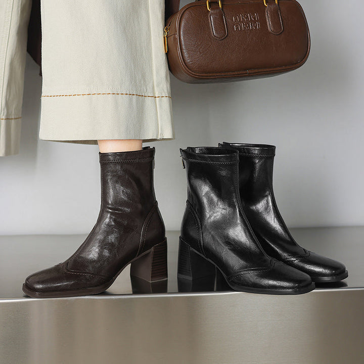 Women’s Square Toe Block Heel Ankle Boots – Stylish Back Zip Design