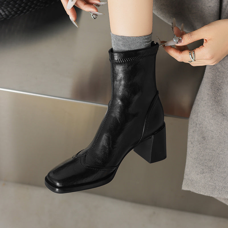 Women’s Square Toe Block Heel Ankle Boots – Stylish Back Zip Design