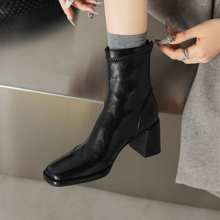 Women’s Square Toe Block Heel Ankle Boots – Stylish Back Zip Design
