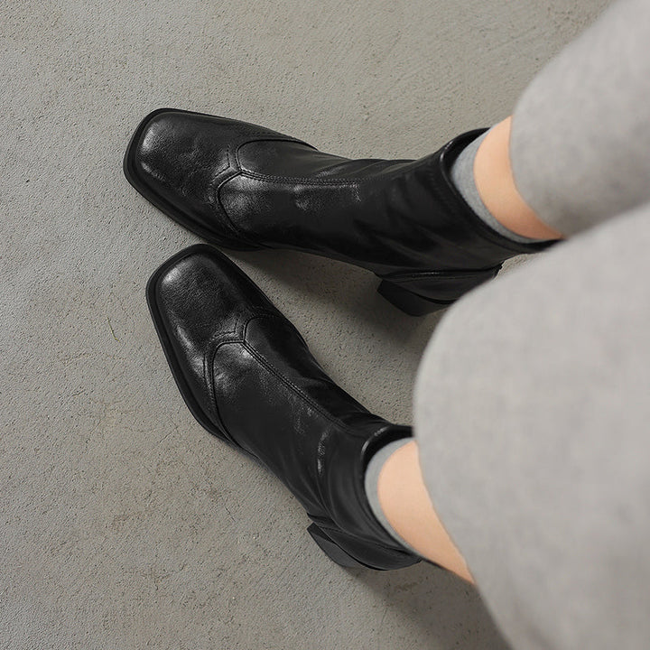 Women’s Square Toe Block Heel Ankle Boots – Stylish Back Zip Design