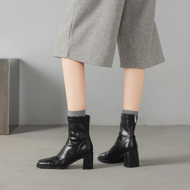 Women’s Square Toe Block Heel Ankle Boots – Stylish Back Zip Design