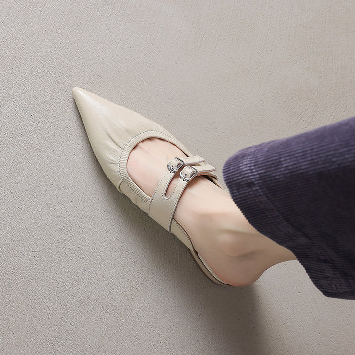 Womens Pointed Toe Stylish Double Buckle Sheepskin Low Heel Mule Shoes