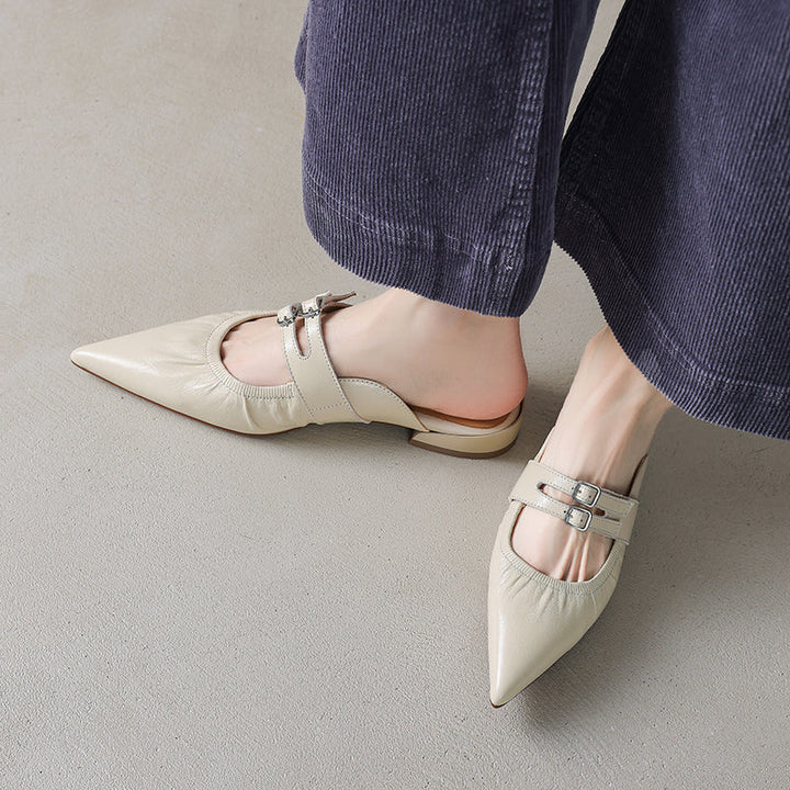 Womens Pointed Toe Stylish Double Buckle Sheepskin Low Heel Mule Shoes