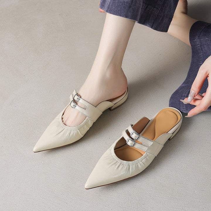 Womens Pointed Toe Stylish Double Buckle Sheepskin Low Heel Mule Shoes