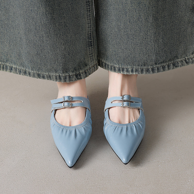 Womens Pointed Toe Stylish Double Buckle Sheepskin Low Heel Mule Shoes