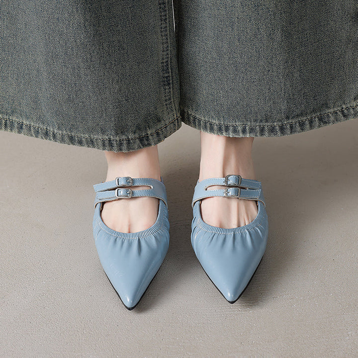 Womens Pointed Toe Stylish Double Buckle Sheepskin Low Heel Mule Shoes