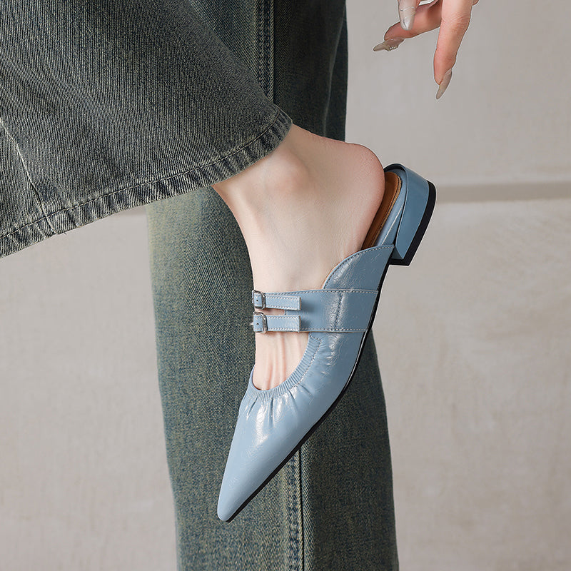 Womens Pointed Toe Stylish Double Buckle Sheepskin Low Heel Mule Shoes