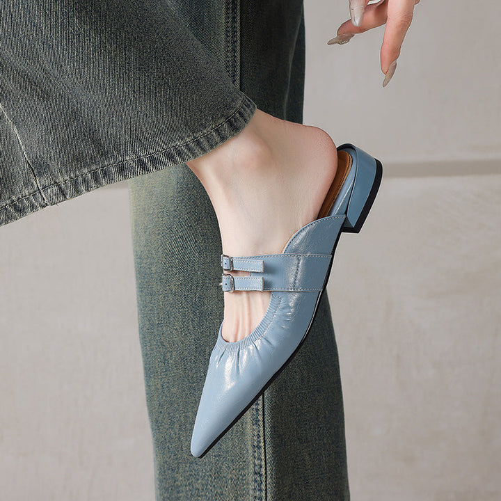 Womens Pointed Toe Stylish Double Buckle Sheepskin Low Heel Mule Shoes