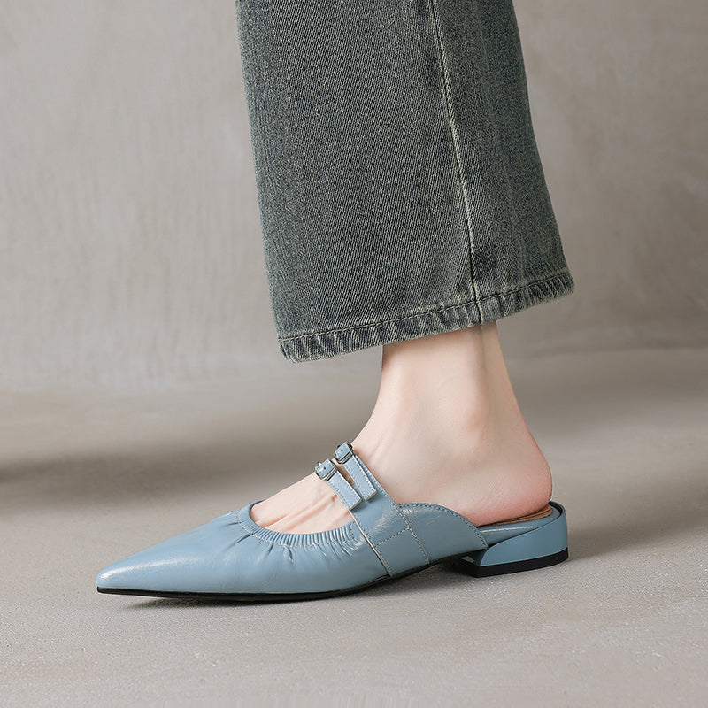 Womens Pointed Toe Stylish Double Buckle Sheepskin Low Heel Mule Shoes