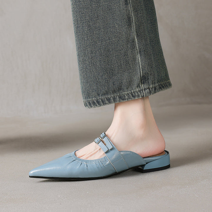 Womens Pointed Toe Stylish Double Buckle Sheepskin Low Heel Mule Shoes