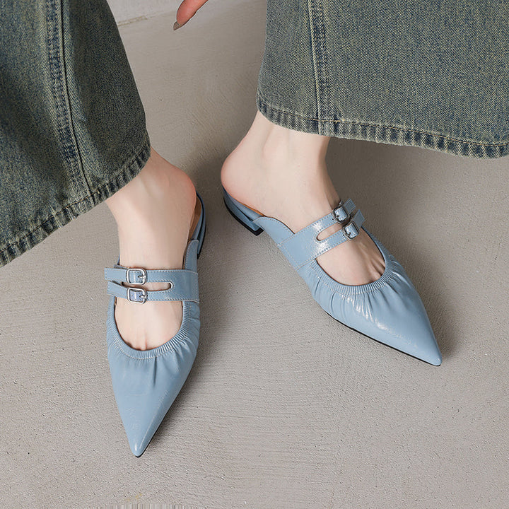 Womens Pointed Toe Stylish Double Buckle Sheepskin Low Heel Mule Shoes
