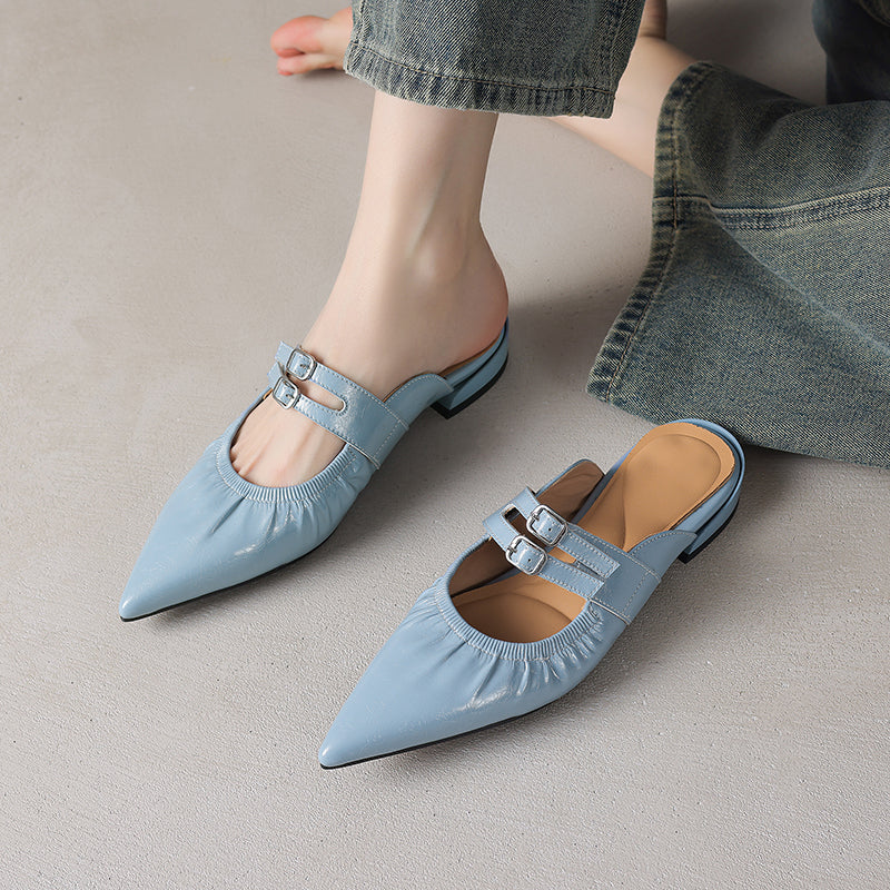 Womens Pointed Toe Stylish Double Buckle Sheepskin Low Heel Mule Shoes