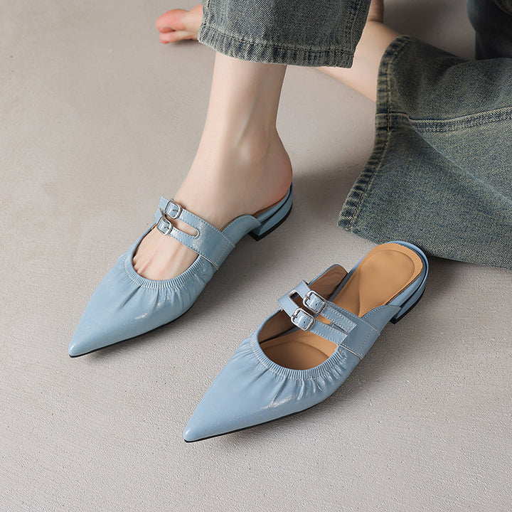Womens Pointed Toe Stylish Double Buckle Sheepskin Low Heel Mule Shoes