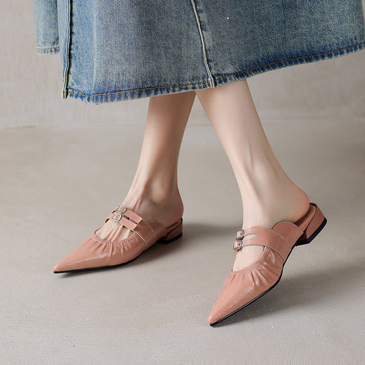 Womens Pointed Toe Stylish Double Buckle Sheepskin Low Heel Mule Shoes