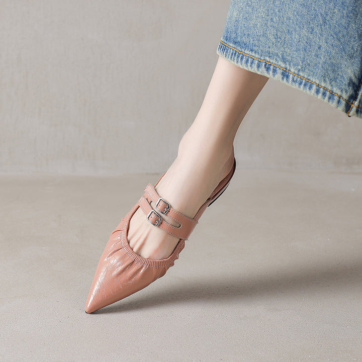 Womens Pointed Toe Stylish Double Buckle Sheepskin Low Heel Mule Shoes
