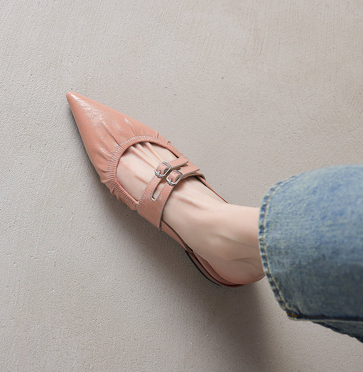 Womens Pointed Toe Stylish Double Buckle Sheepskin Low Heel Mule Shoes