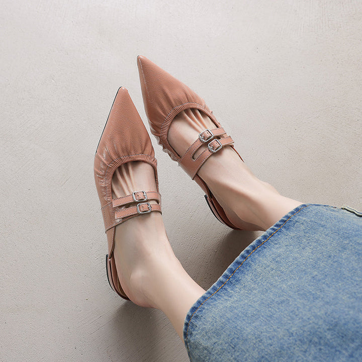 Womens Pointed Toe Stylish Double Buckle Sheepskin Low Heel Mule Shoes