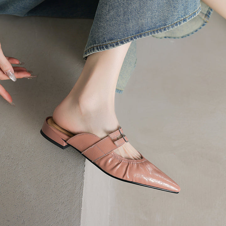 Womens Pointed Toe Stylish Double Buckle Sheepskin Low Heel Mule Shoes