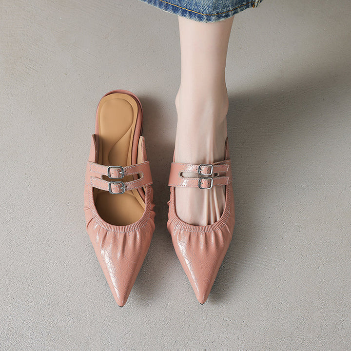 Womens Pointed Toe Stylish Double Buckle Sheepskin Low Heel Mule Shoes
