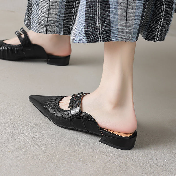 Womens Pointed Toe Stylish Double Buckle Sheepskin Low Heel Mule Shoes