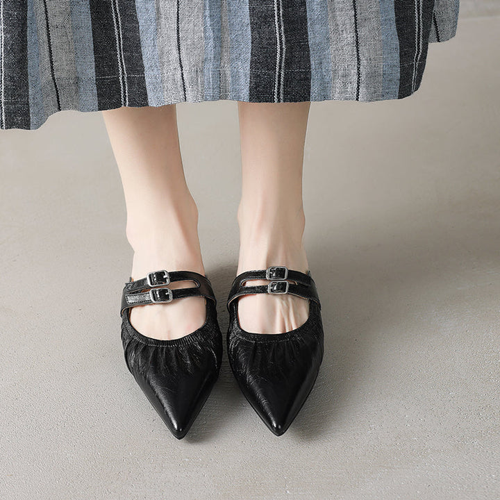 Womens Pointed Toe Stylish Double Buckle Sheepskin Low Heel Mule Shoes
