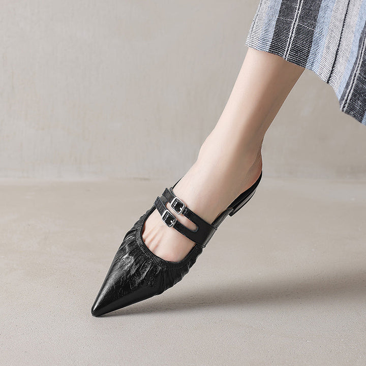 Womens Pointed Toe Stylish Double Buckle Sheepskin Low Heel Mule Shoes