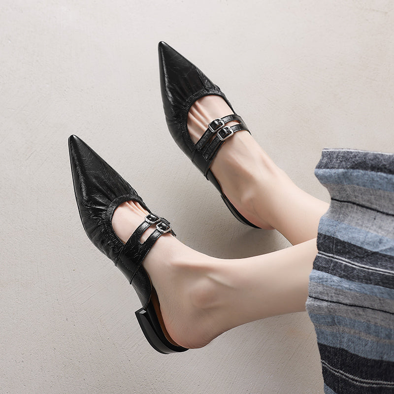 Womens Pointed Toe Stylish Double Buckle Sheepskin Low Heel Mule Shoes