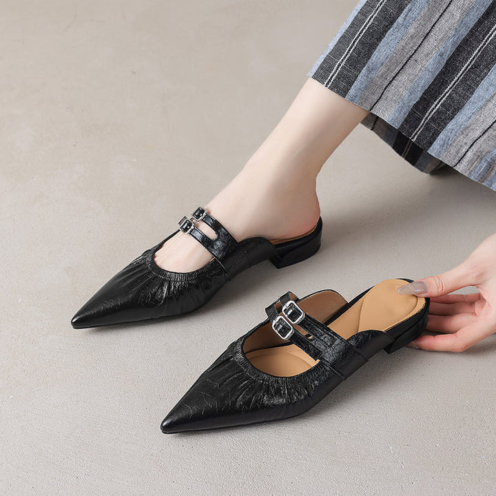 Womens Pointed Toe Stylish Double Buckle Sheepskin Low Heel Mule Shoes