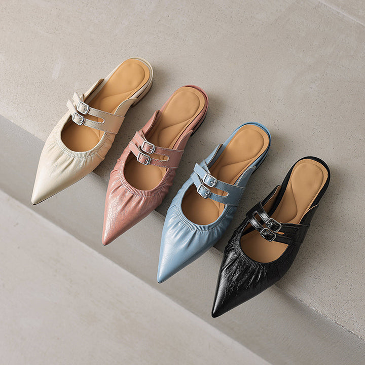 Womens Pointed Toe Stylish Double Buckle Sheepskin Low Heel Mule Shoes