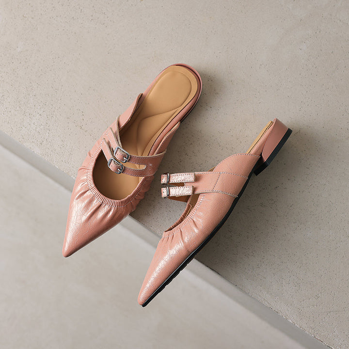 Womens Pointed Toe Stylish Double Buckle Sheepskin Low Heel Mule Shoes