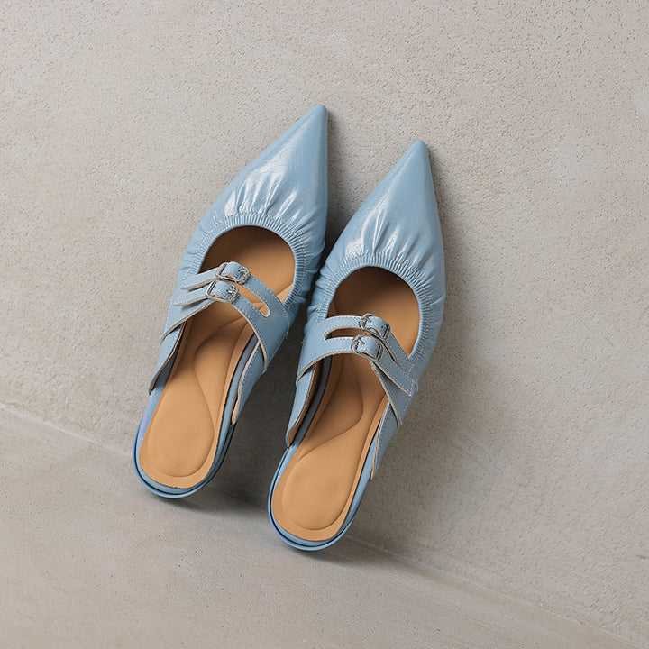 Womens Pointed Toe Stylish Double Buckle Sheepskin Low Heel Mule Shoes