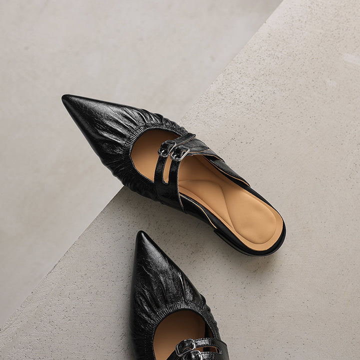 Womens Pointed Toe Stylish Double Buckle Sheepskin Low Heel Mule Shoes