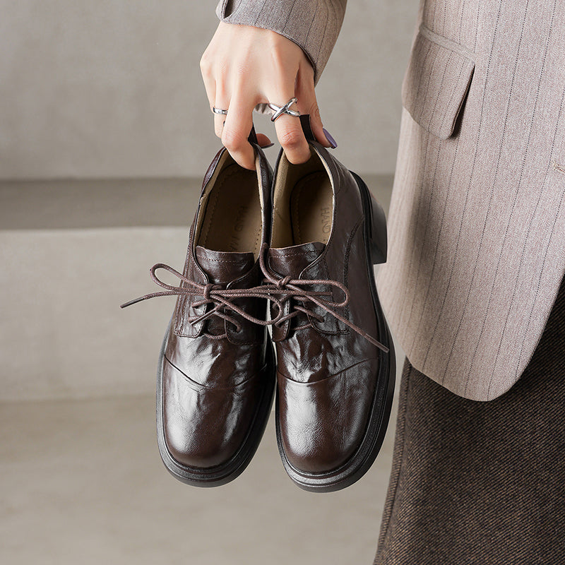 Women's Sheepskin Oxford Shoes - Sophisticated Round Toe Block Heels