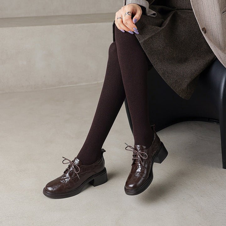 Women's Sheepskin Oxford Shoes - Sophisticated Round Toe Block Heels