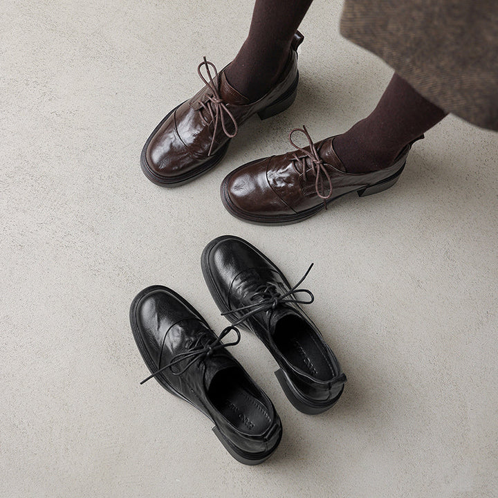 Women's Sheepskin Oxford Shoes - Sophisticated Round Toe Block Heels