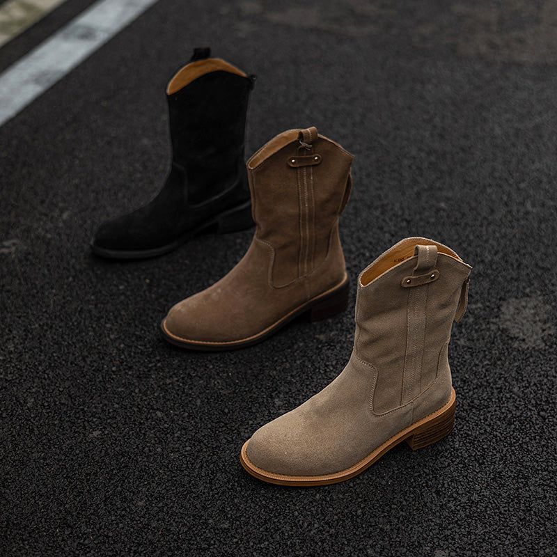 Women's Handmade Cow Suede Block Heel Low Western Boots