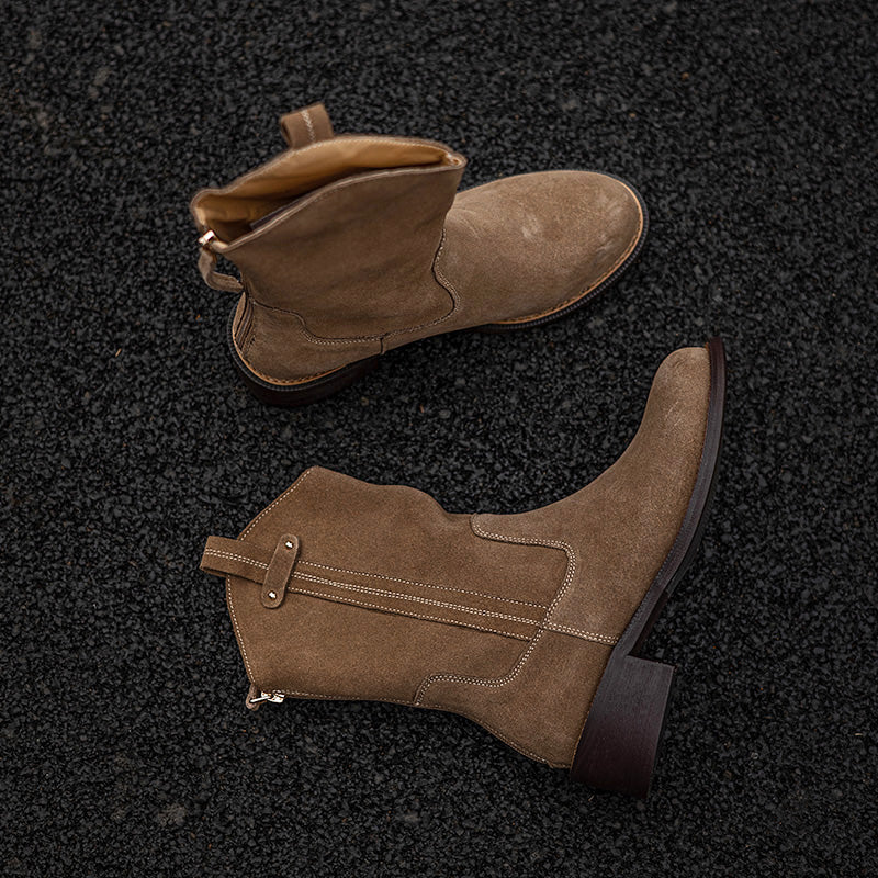 Women's Handmade Cow Suede Block Heel Low Western Boots